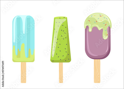 Ice cream popsicle sweet desserts with glaze and topping on wooden stick set isolated on white