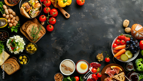 Many different healthy food on dark textured table, flat lay