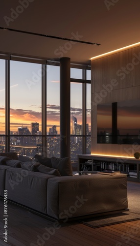 Modern Living Room with Smart Heater and Voice Assistant, Panoramic City View at Sunset