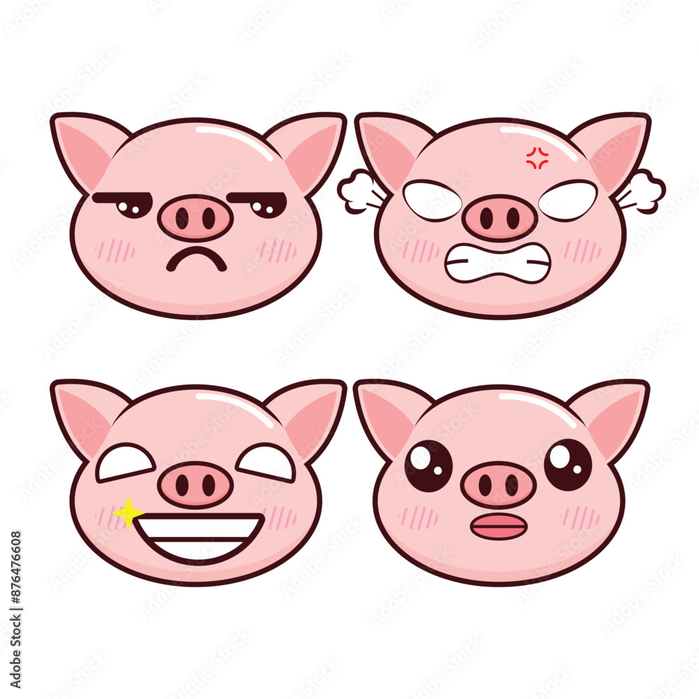 Vector set of cute Pig emoji faces with various expressions. Isolated on white background Vector set of cute Pig emoji faces with various expressions. Isolated on white background