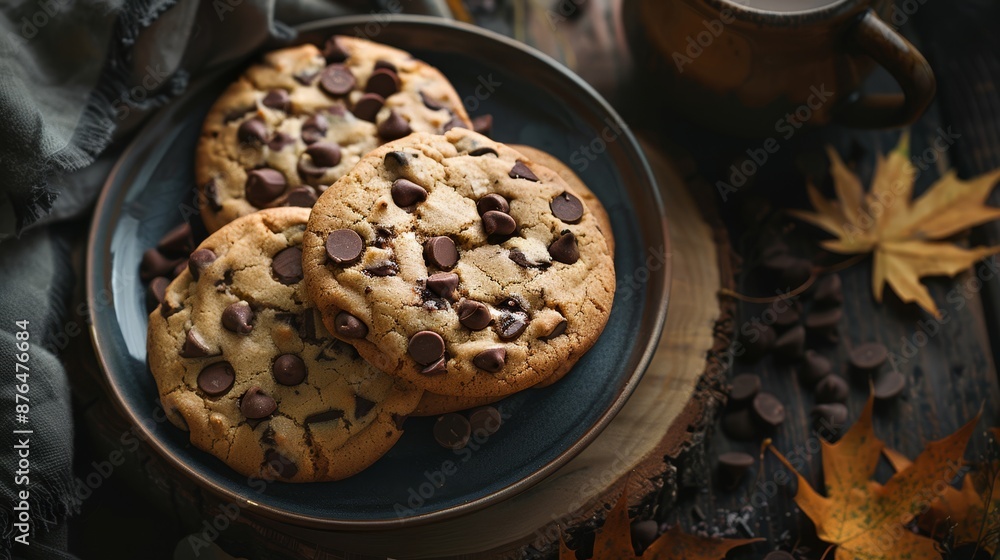Chocolate chip cookies. Cozy environment. Autumn background Chocolate chip cookies. Cozy environment. Autumn background