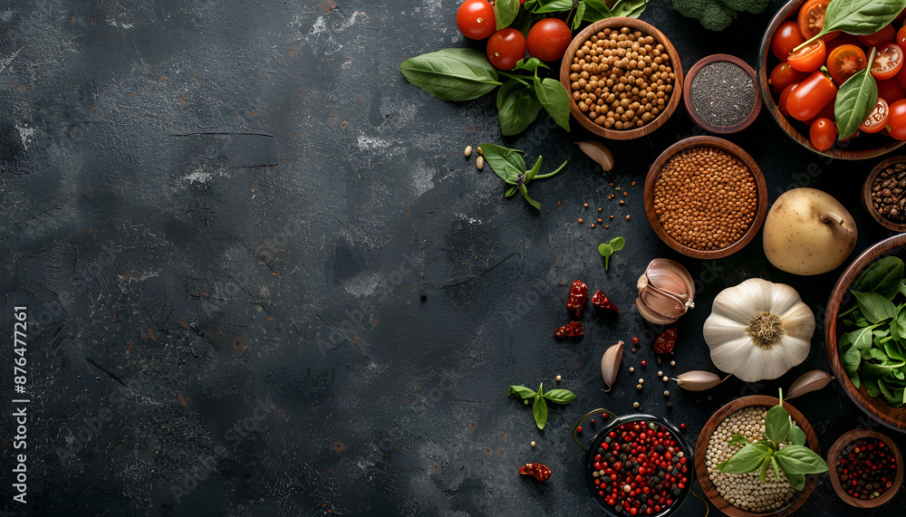 Many different healthy food on dark textured table, flat lay Many different healthy food on dark textured table, flat lay