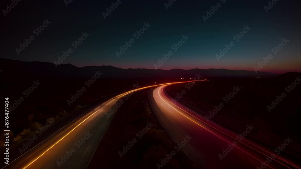 The surreal landscape of the desert is further enhanced by the stark contrast of the dark highway and the vibrant light trails left by passing cars. The surreal landscape of the desert is further enhanced by the stark contrast of the dark highway and the vibrant light trails left by passing cars.