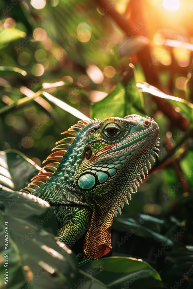Obraz premium World Lizard Day. Green lizard on a green background. Vertical banner, free space for text. Concept of wildlife protection, animal protection. Studying nature's biodiversity