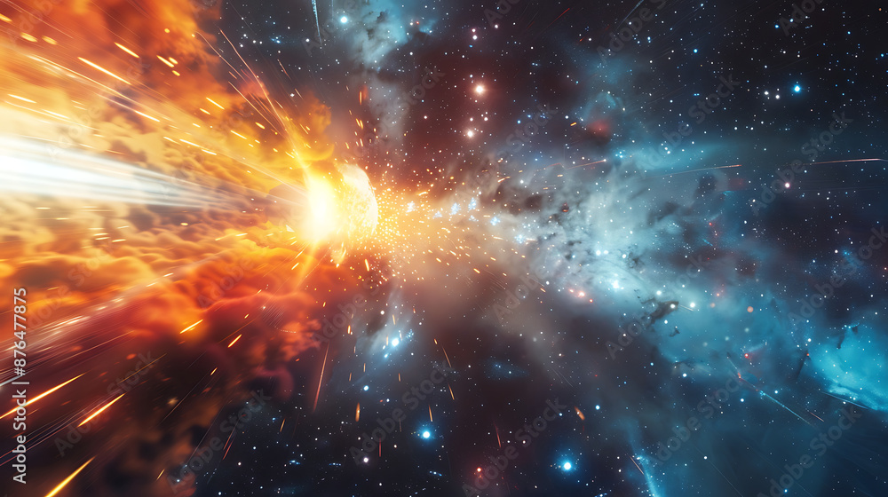 Fiery comet blazing through deep space with stars and colorful nebula Fiery comet blazing through deep space with stars and colorful nebula