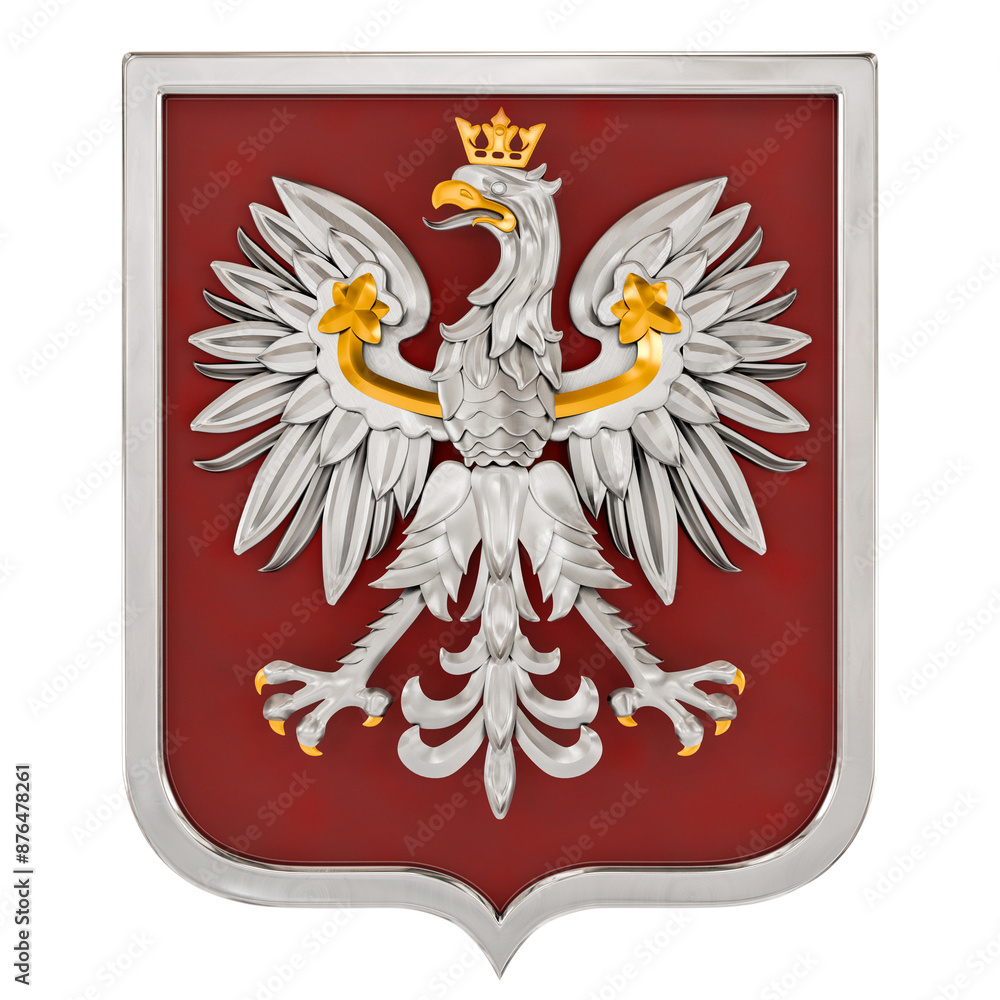 Coat of arms of Poland. Crowned eagle with a golden beak and talons, on a red background - 3d rendering