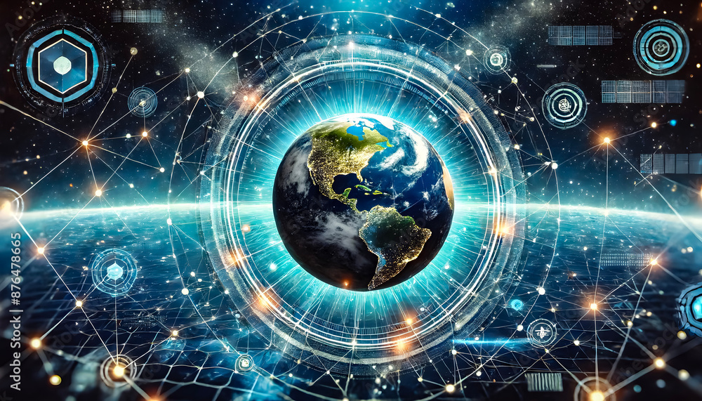 Fototapeta premium A futuristic Earth with holographic network connections, showcasing global digital connectivity and advanced technology.