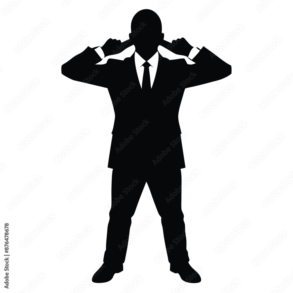 Obraz premium a businessman's stand silhouette covering his ears on an isolated white background 
