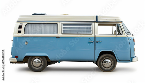 Side view of a blue and white vintage camper van, set against a plain white background, symbolizing travel and adventure