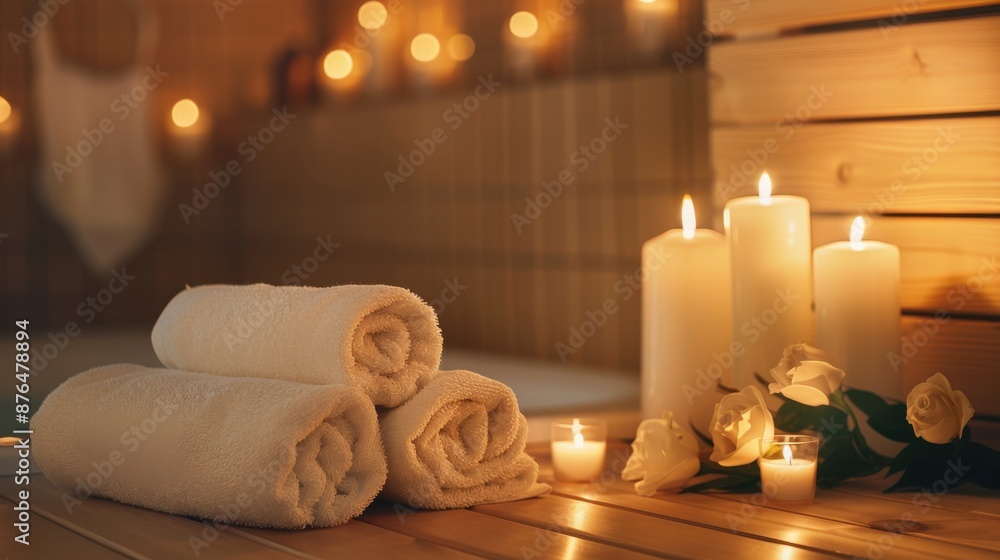 A vase of flowers sits on a table next to three candles. The scene is calming and peaceful, creating a relaxing atmosphere A vase of flowers sits on a table next to three candles. The scene is calming and peaceful, creating a relaxing atmosphere
