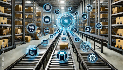 A smart warehouse with a conveyor belt and holographic icons representing various logistics and automation processes.