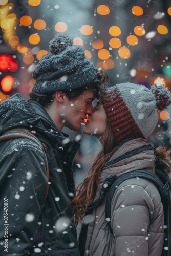 A romantic moment between two people in a snowy environment