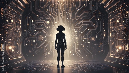 People entering Ethereal AI AGI Virtual World. Human Silhouettes over big computer circuitry.