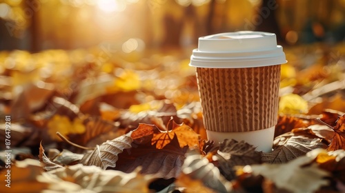 Disposable coffee cup. Cozy environment. Autumn background