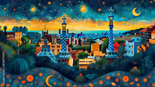 illustration of Parc Guell in Barcelona, colorful flat vector design with white background, detailed, complex, art deco style, colorful. Parc Güell.