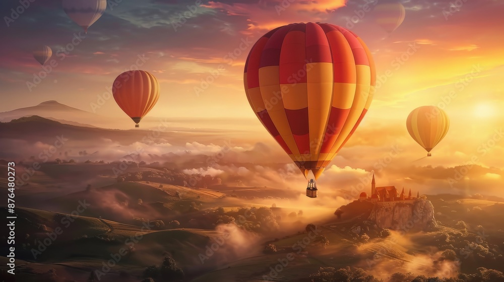 Fototapeta premium A hot air balloon is flying over a beautiful landscape with a castle in the distance. The sky is filled with other hot air balloons, creating a sense of adventure and excitement