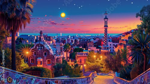 illustration of Parc Guell in Barcelona, colorful flat vector design with white background, detailed, complex, impressionist style, colorful. Parc Güell.