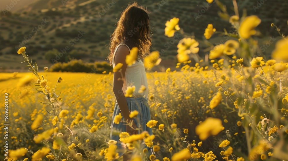 Fototapeta premium A woman stands amidst a bright yellow flower field with warm sunlight and gentle breeze