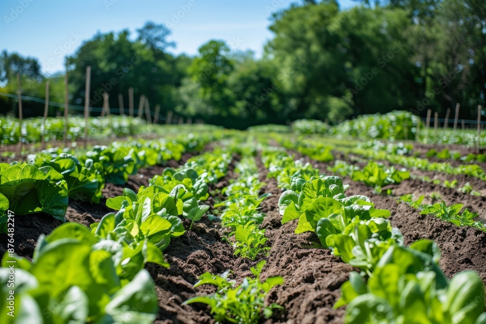 Organic Vegetable Garden Rows Under Clear Blue Sky for Sustainable Farming and Gardening Posters