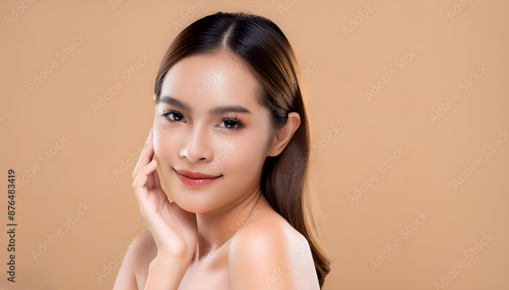 Close-up portrait of young Asian beautiful woman with K-beauty make up style and healthy and good looking, and used advertisement product Close-up portrait of young Asian beautiful woman with K-beauty make up style and healthy and good looking, and used advertisement product