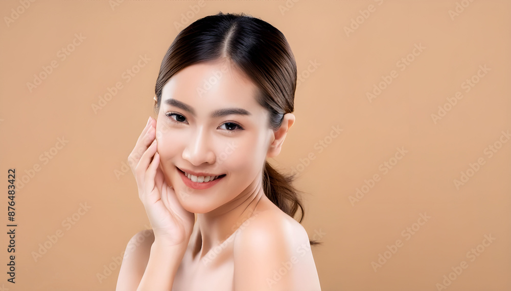 Close-up portrait of young Asian beautiful woman with K-beauty make up style and healthy and good looking, and used advertisement product Close-up portrait of young Asian beautiful woman with K-beauty make up style and healthy and good looking, and used advertisement product