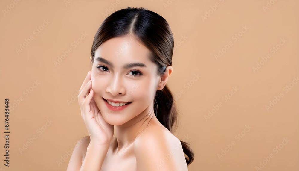 Close-up portrait of young Asian beautiful woman with K-beauty make up style and healthy and good looking, and used advertisement product