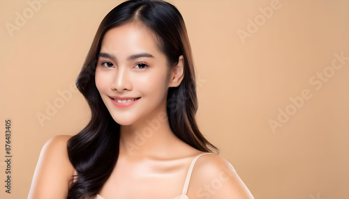 Close-up portrait of young Asian beautiful woman with K-beauty make up style and healthy and good looking, and used advertisement product