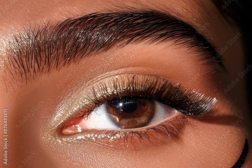 Fototapeta premium Close up of dark brown eye with eyeliner, false lashes, eyeshadow on tan skin in studio lighting