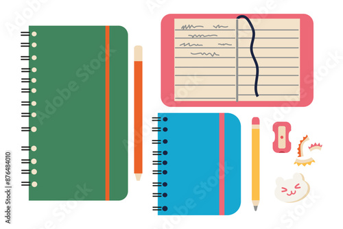Flat set of stationery isolated on a white background. Paper notebooks, diaries set. Planners, organizers and scrapbooks for plans, notes. paper clips, pencils and sharpener. Flat design style vector 