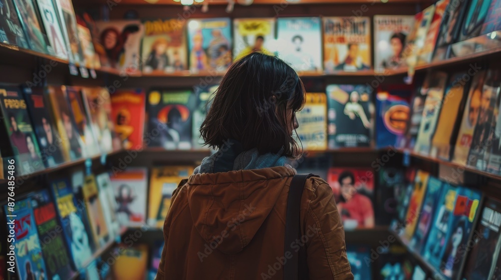 National Comic Book Day in the USA. people read comics. people choose comic book magazines in the store. A girl reads comics National Comic Book Day in the USA. people read comics. people choose comic book magazines in the store. A girl reads comics
