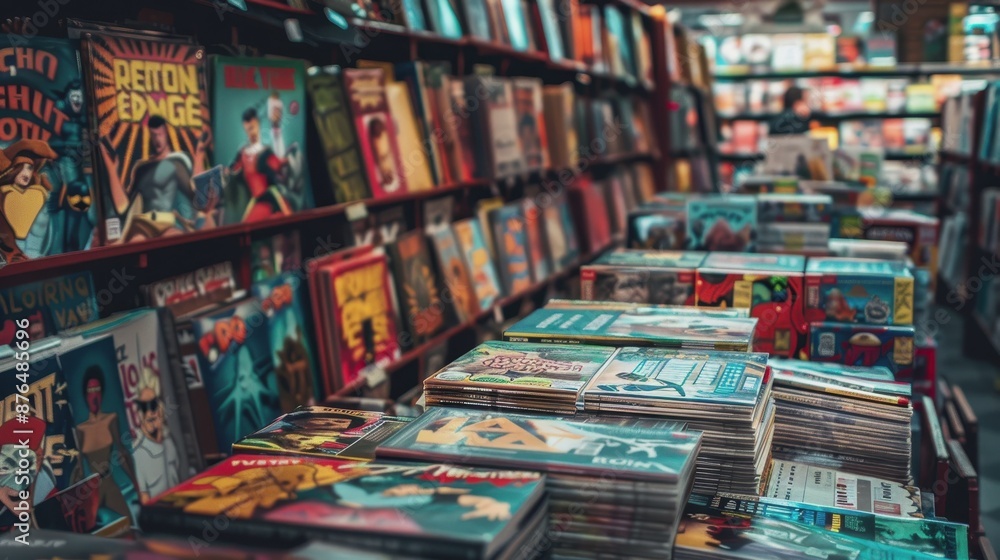 counters with comic books in the store. National Comic Book Day in the USA. people read comics. people choose comic book magazines in the store. counters with comic books in the store. National Comic Book Day in the USA. people read comics. people choose comic book magazines in the store.