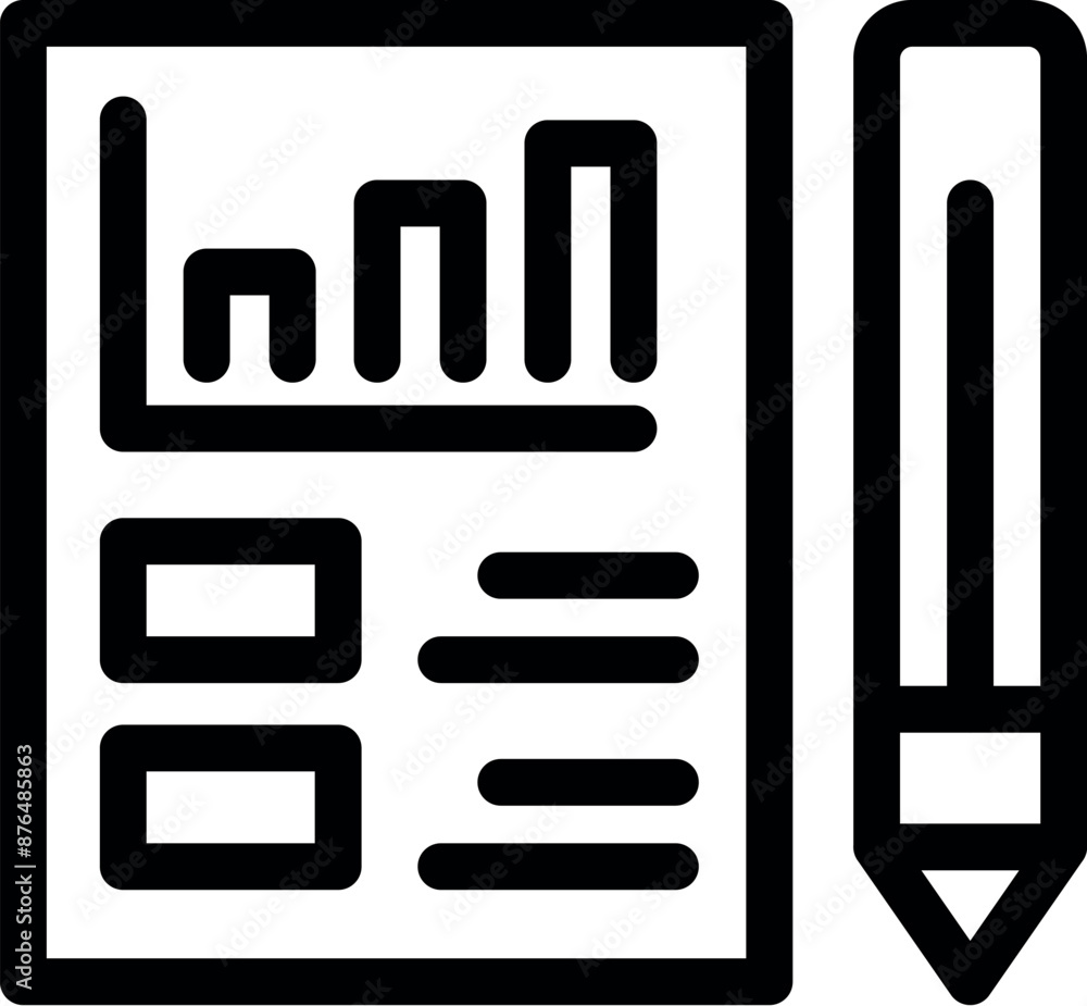 Line art icon of a financial report with a growing bar chart and a pencil, depicting financial analysis Line art icon of a financial report with a growing bar chart and a pencil, depicting financial analysis
