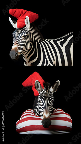 Funny and cute zebra with a red hat and a red and white striped pillow photo