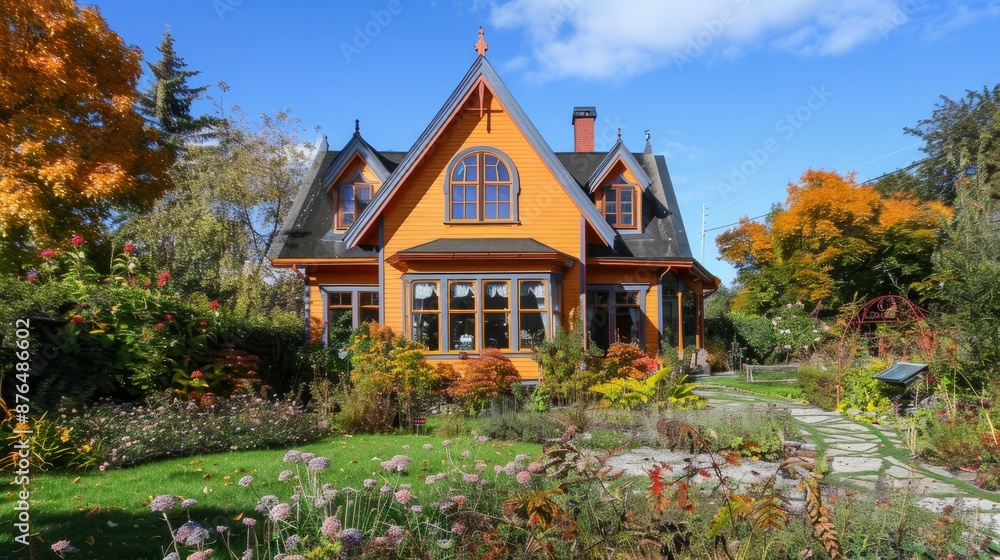 A vibrant autumn house with a pointed roof, big windows, and a bright blue sky. The yard is full of colorful plants A vibrant autumn house with a pointed roof, big windows, and a bright blue sky. The yard is full of colorful plants