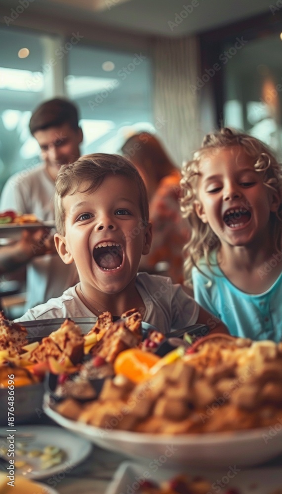 Ultra sharp image of a joyful child and his sister enjoying a buffet breakfast at a hotel with their Ultra sharp image of a joyful child and his sister enjoying a buffet breakfast at a hotel with their