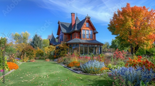 A vibrant autumn house with a pointed roof, big windows, and a bright blue sky. The yard is full of colorful plants photo