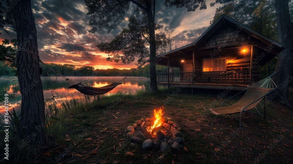 A cabin with a hammock hanging over the water. The cabin is lit up at night. Scene is peaceful and relaxing A cabin with a hammock hanging over the water. The cabin is lit up at night. Scene is peaceful and relaxing