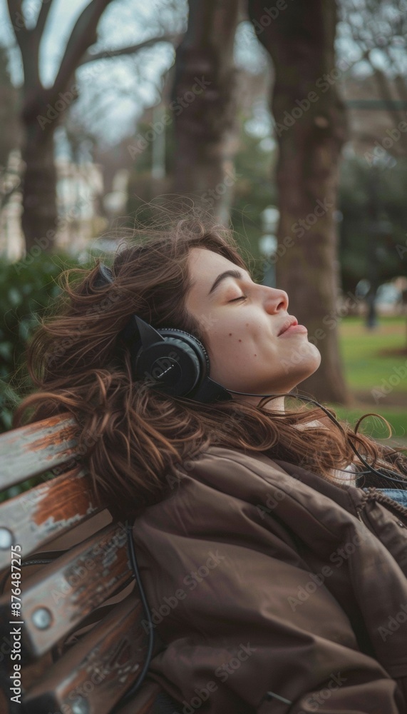 Ultra sharp image of a joyful young woman experiencing a tranquil moment as she lies on a bench Ultra sharp image of a joyful young woman experiencing a tranquil moment as she lies on a bench