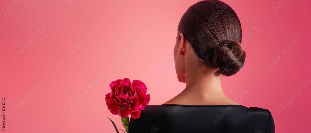 Ultra sharp image of a lady with a secret, concealing a vibrant carnation flower behind her back Ultra sharp image of a lady with a secret, concealing a vibrant carnation flower behind her back