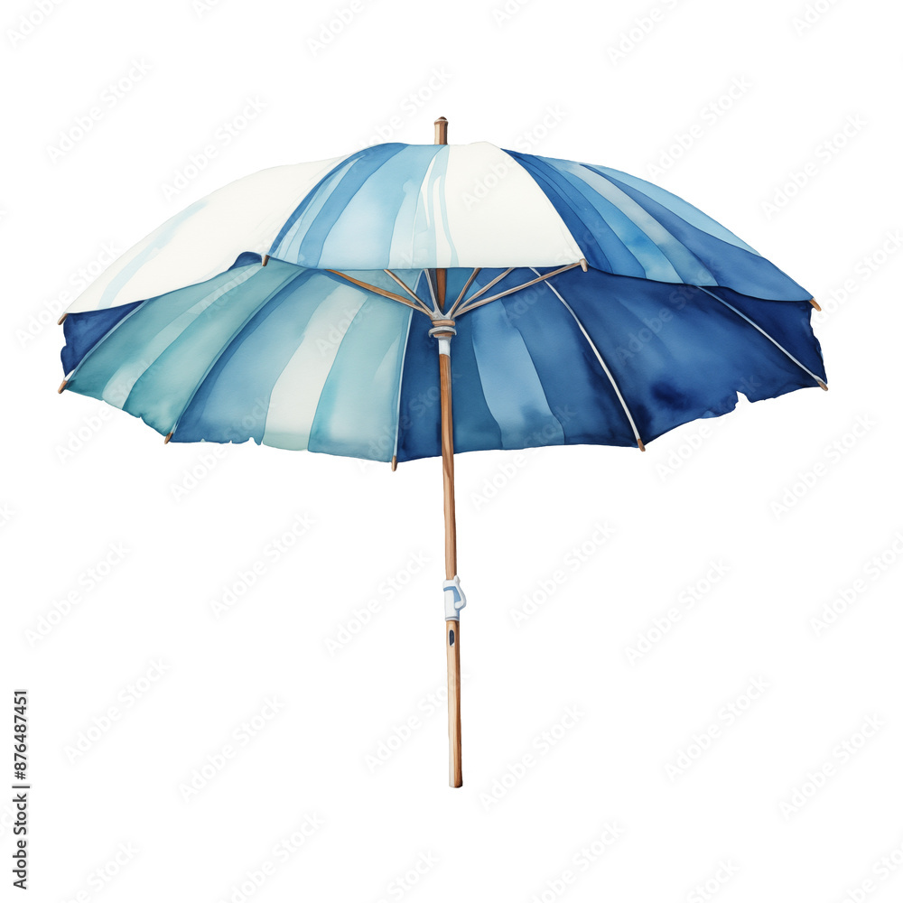 Watercolor White and Blue Stripped Open Beach Umbrella Watercolor White and Blue Stripped Open Beach Umbrella