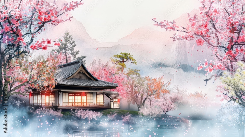 A painting of a house with a garden and cherry blossoms. The house is surrounded by trees and the cherry blossoms are in full bloom. The painting has a serene and peaceful mood A painting of a house with a garden and cherry blossoms. The house is surrounded by trees and the cherry blossoms are in full bloom. The painting has a serene and peaceful mood