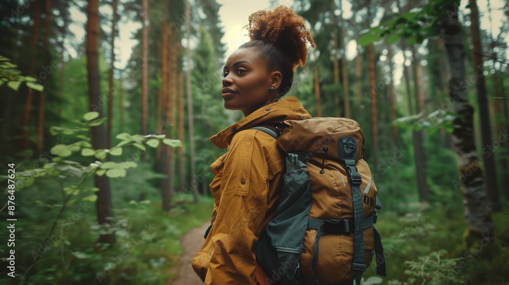 Jeune fille, adolescente ou femme active avec un sac de randonnée fait une promenade en forêt, activité d'extérieur, marche ou trek sportif Jeune fille, adolescente ou femme active avec un sac de randonnée fait une promenade en forêt, activité d'extérieur, marche ou trek sportif