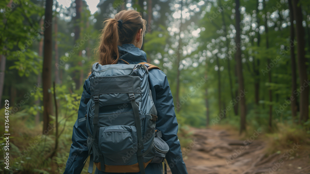 Jeune fille, adolescente ou femme active avec un sac de randonnée fait une promenade en forêt, activité d'extérieur, marche ou trek sportif Jeune fille, adolescente ou femme active avec un sac de randonnée fait une promenade en forêt, activité d'extérieur, marche ou trek sportif