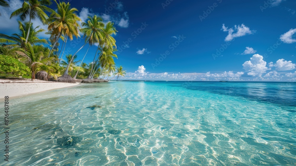 A beautiful beach with a palm tree and the ocean. The sky is blue and the water is calm A beautiful beach with a palm tree and the ocean. The sky is blue and the water is calm