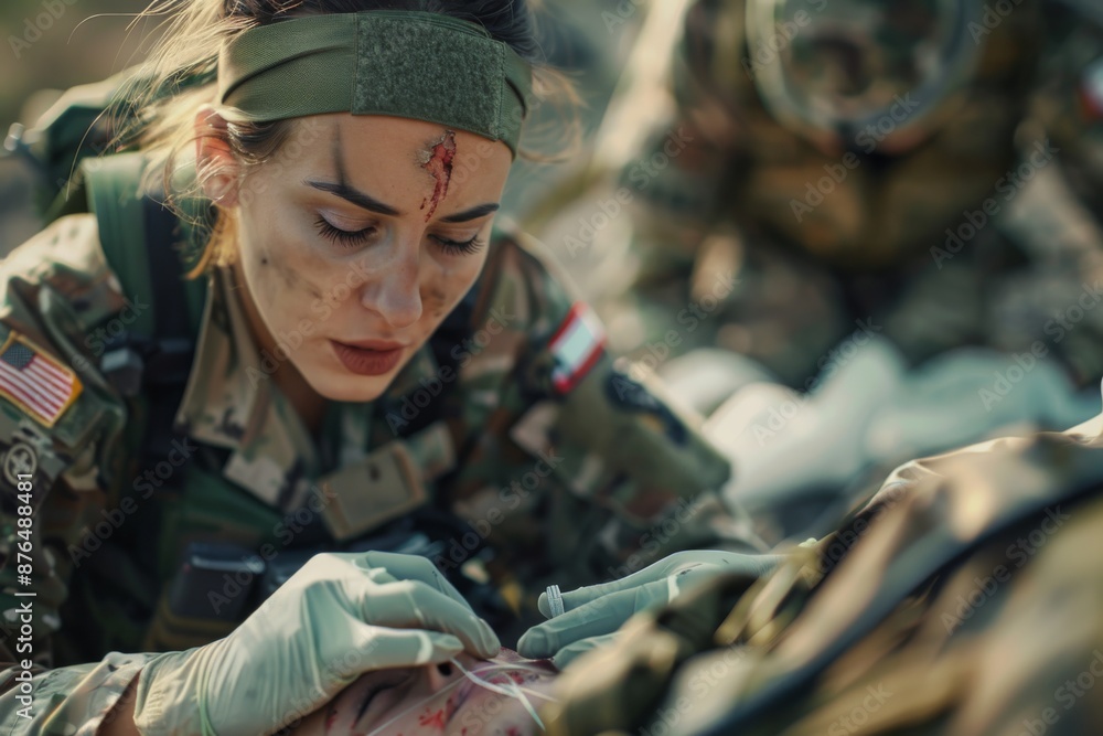 A female medic tends to a wounded soldier with gentle hands, providing comfort amidst chaos. Her focused expression conveys a sense of urgency and care. A female medic tends to a wounded soldier with gentle hands, providing comfort amidst chaos. Her focused expression conveys a sense of urgency and care.
