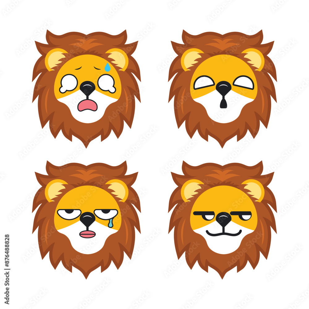 Fototapeta premium Vector set of cute Lion face emoticons with various expressions. Isolated on white background.