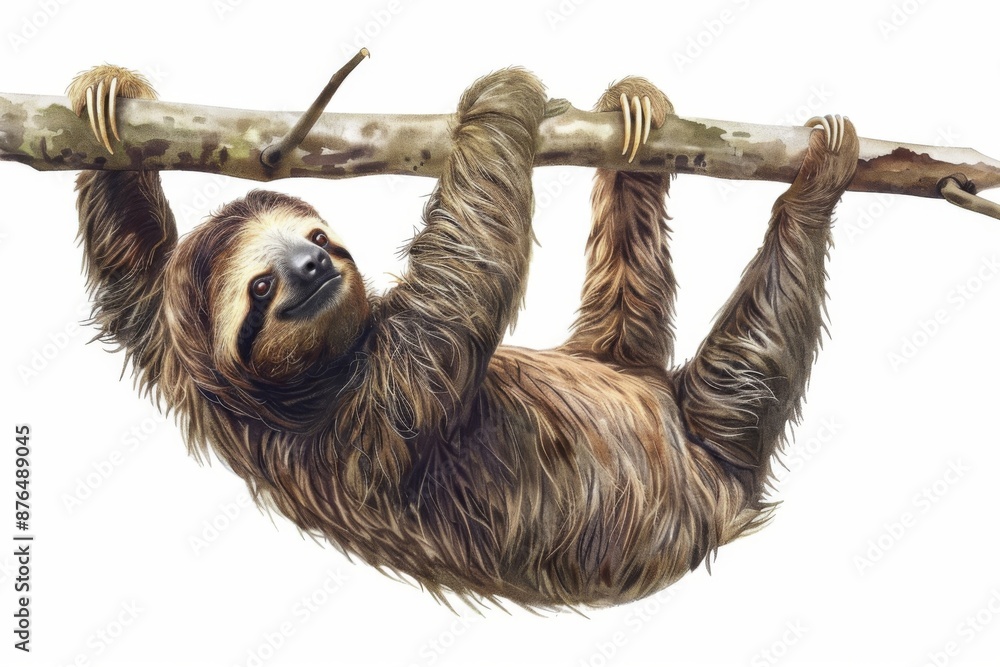 Fototapeta premium A sloth is hanging upside down from a branch, moving at a glacial pace. Its claws are dug deep into the bark, supporting its relaxed body.