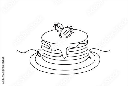 Continuous one line drawing of pancakes with strawberries. Concept design sketch outline drawing.	