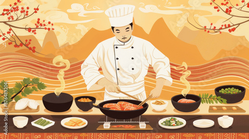 A chef in a white uniform prepares a meal in a wok, with mountains and a tree in the background photo