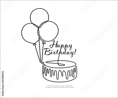 Birthday cake in continuous line art drawing style. Traditional birthday cake with balloons minimalist black linear sketch isolated on white background. Vector illustration	